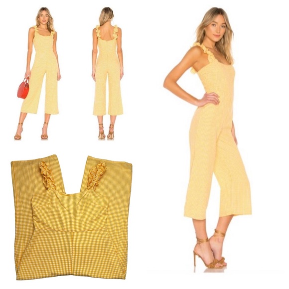 Lovers + Friends Pants - Lovers + Friends Kristine Yellow Gingham Cropped Jumpsuit Size Medium Coastal